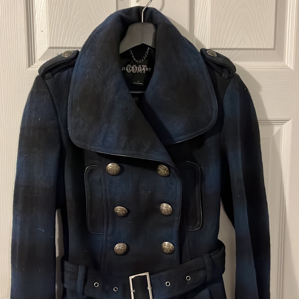 Vintage Jill Stuart plaid trench coat pea coat size small chest pocket